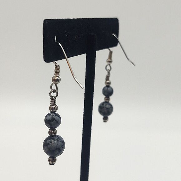 Hand Wired Snowflake Obsidian Bead Earrings - Picture 5 of 5